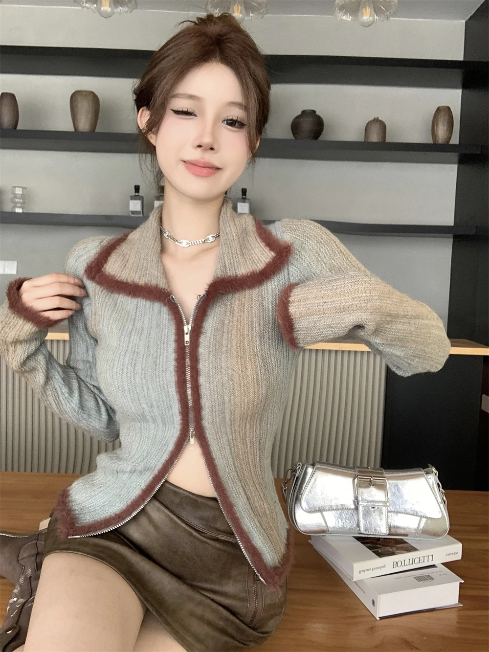 Casual Contrast Colors Cardigans Women New Autumn Long Sleeve Zipper Knitted Top Turndown Collar Design Open Front Sweater