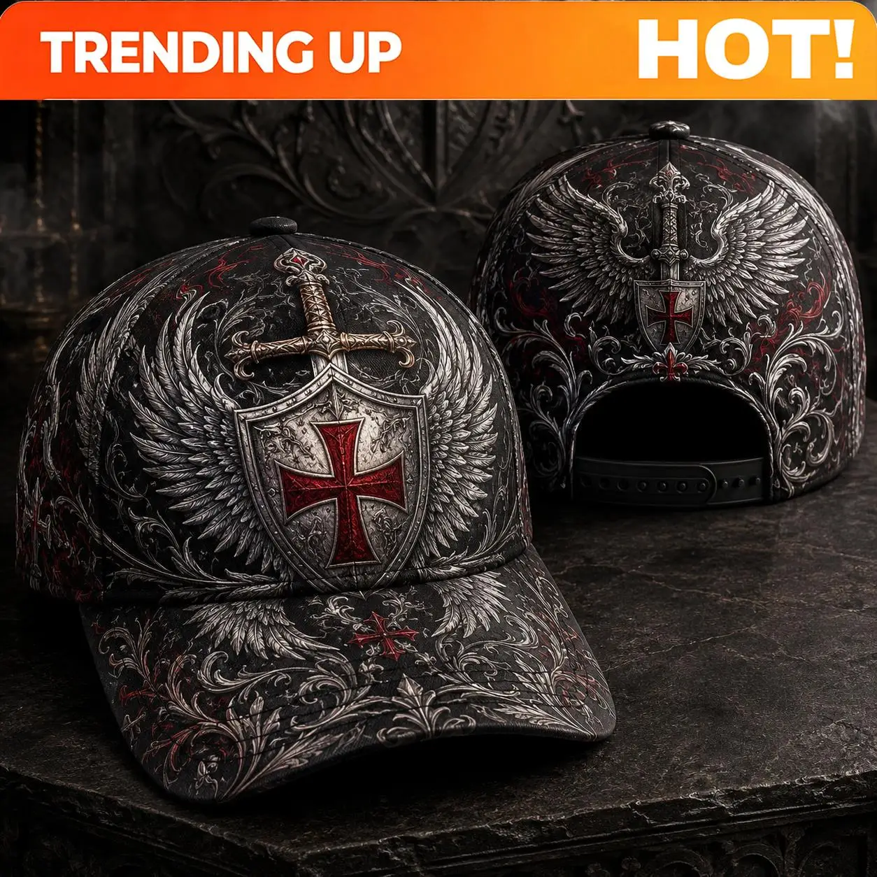 Custom Men's Gothic Shield Wings Cross Baseball Cap - Gothic Shield Wings Cross Snapback Hat, Machine Washable Outdoor Casual Ca