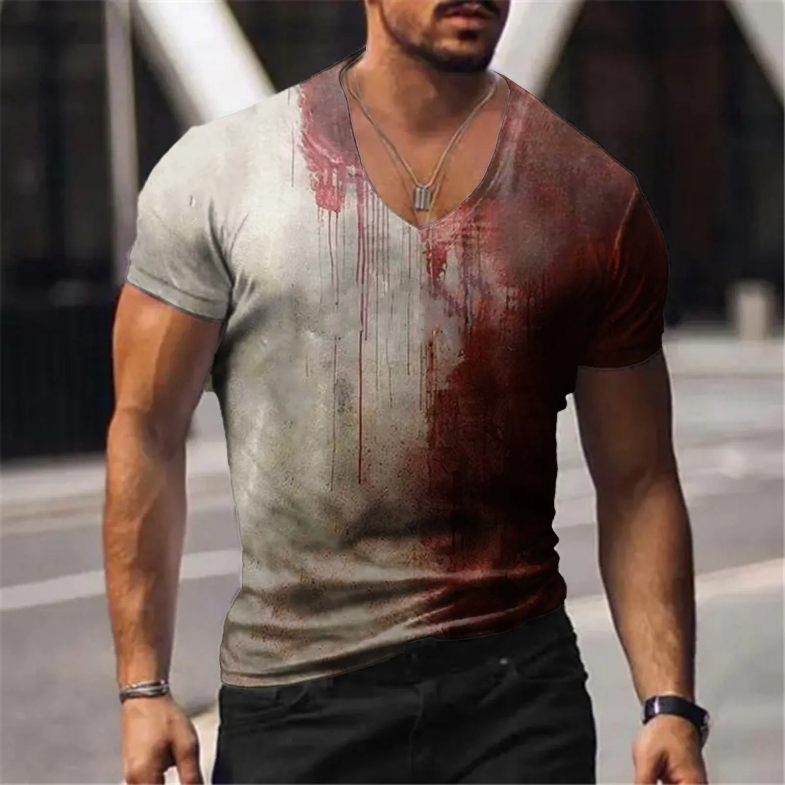 Male Halloween Theme T Shirts Casual Blood Graphic Print Plus Size Loose T-shirt Tops V Neck Short Sleeve Fashion Blouses