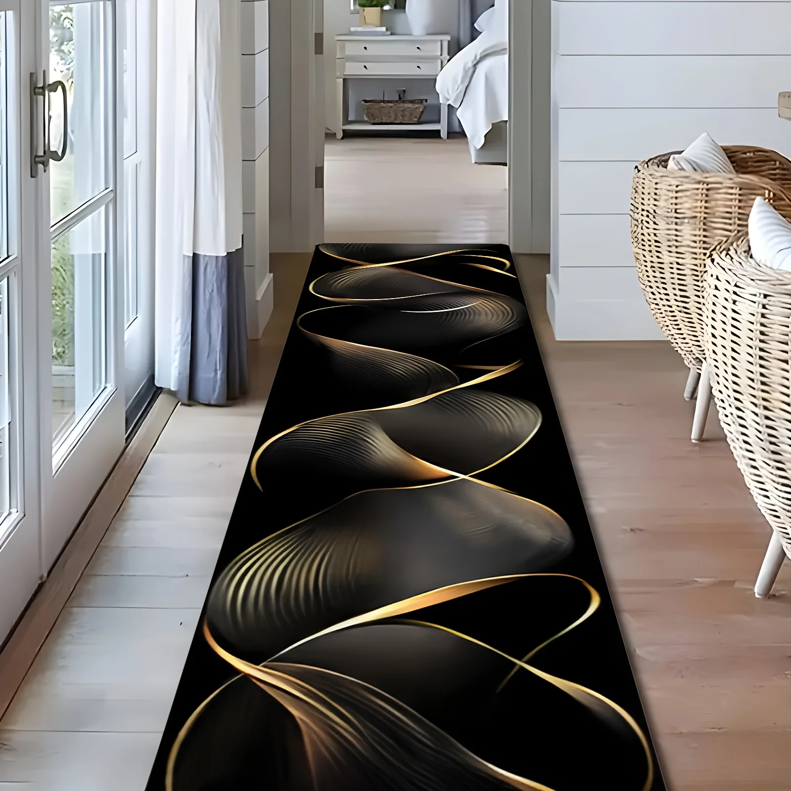 Modern Abstract Golden Flowing Lines Runner Rug  Black Background Luxury Texture Non Slip Long Hallway Floor Mat