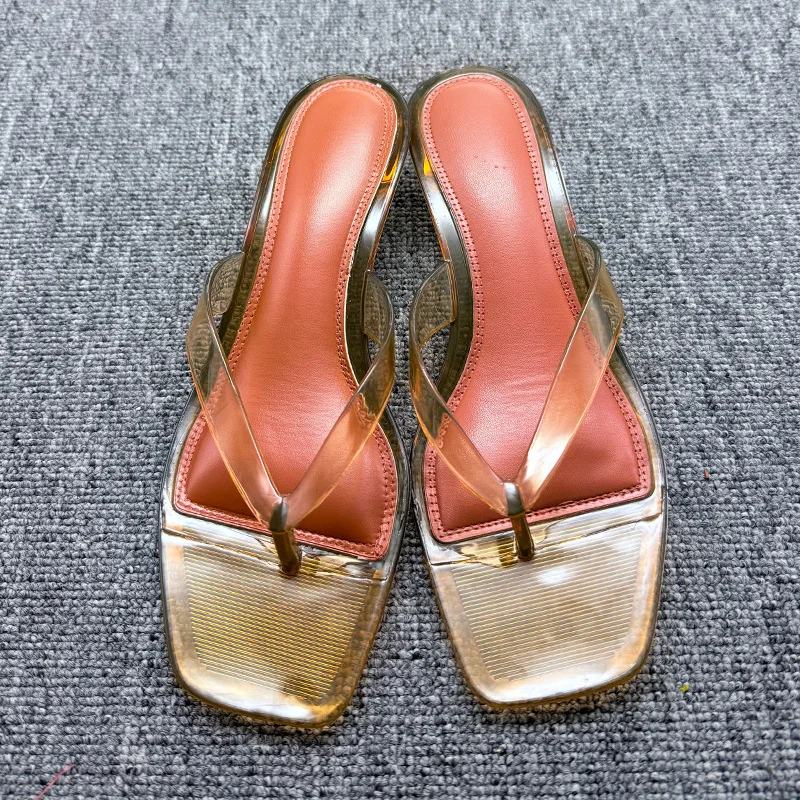 Vacation Elegant Thong Slides Women Heeled Sandals Square Toe Clear Brown Kitten Heel Summer Party Shoes Woman Flip Flops