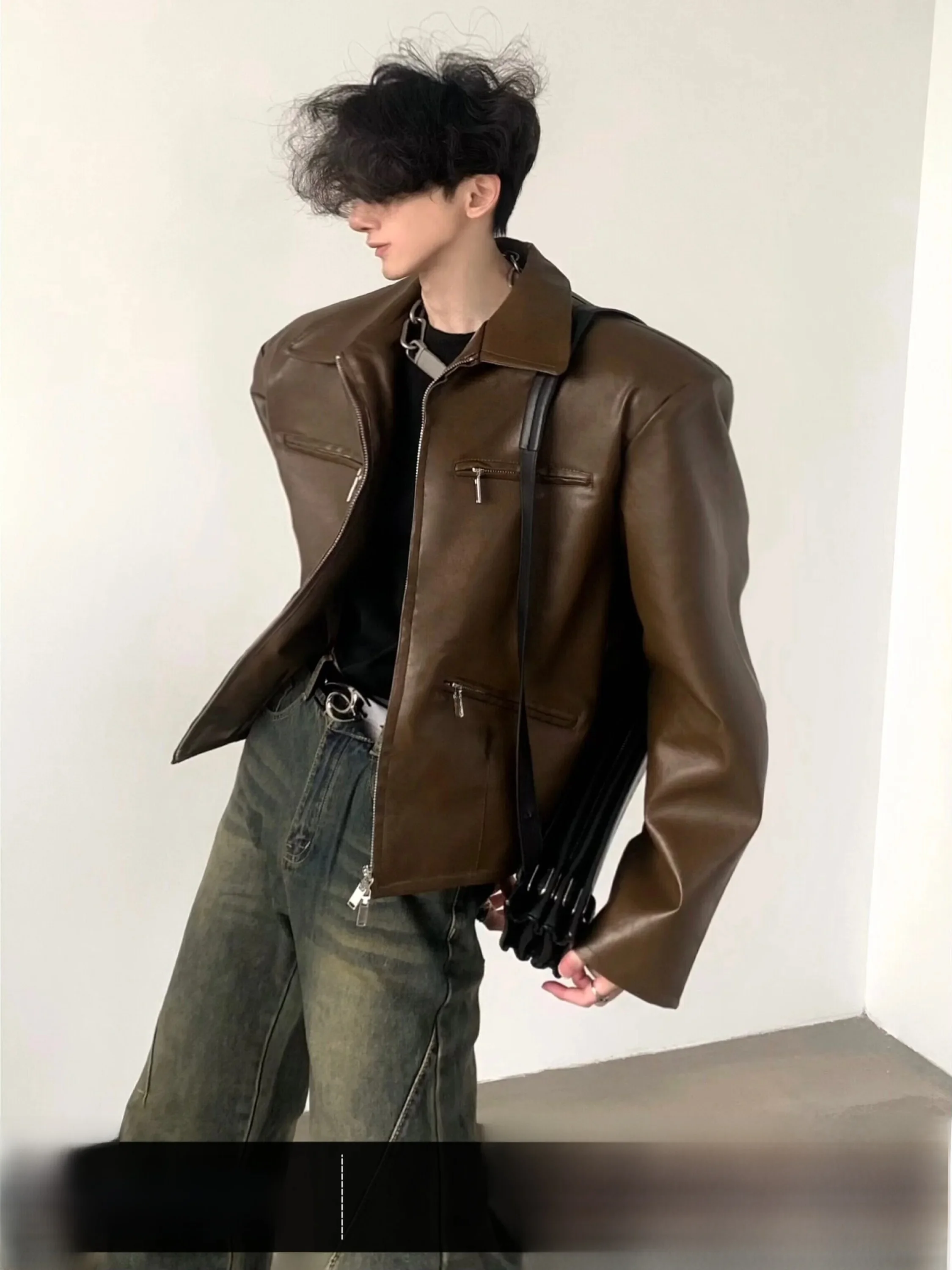 Fall Mountain Wind Brown Leather Jacket Men's Short Padded Shoulder American Retro Design Fashionable Casual Youth Style