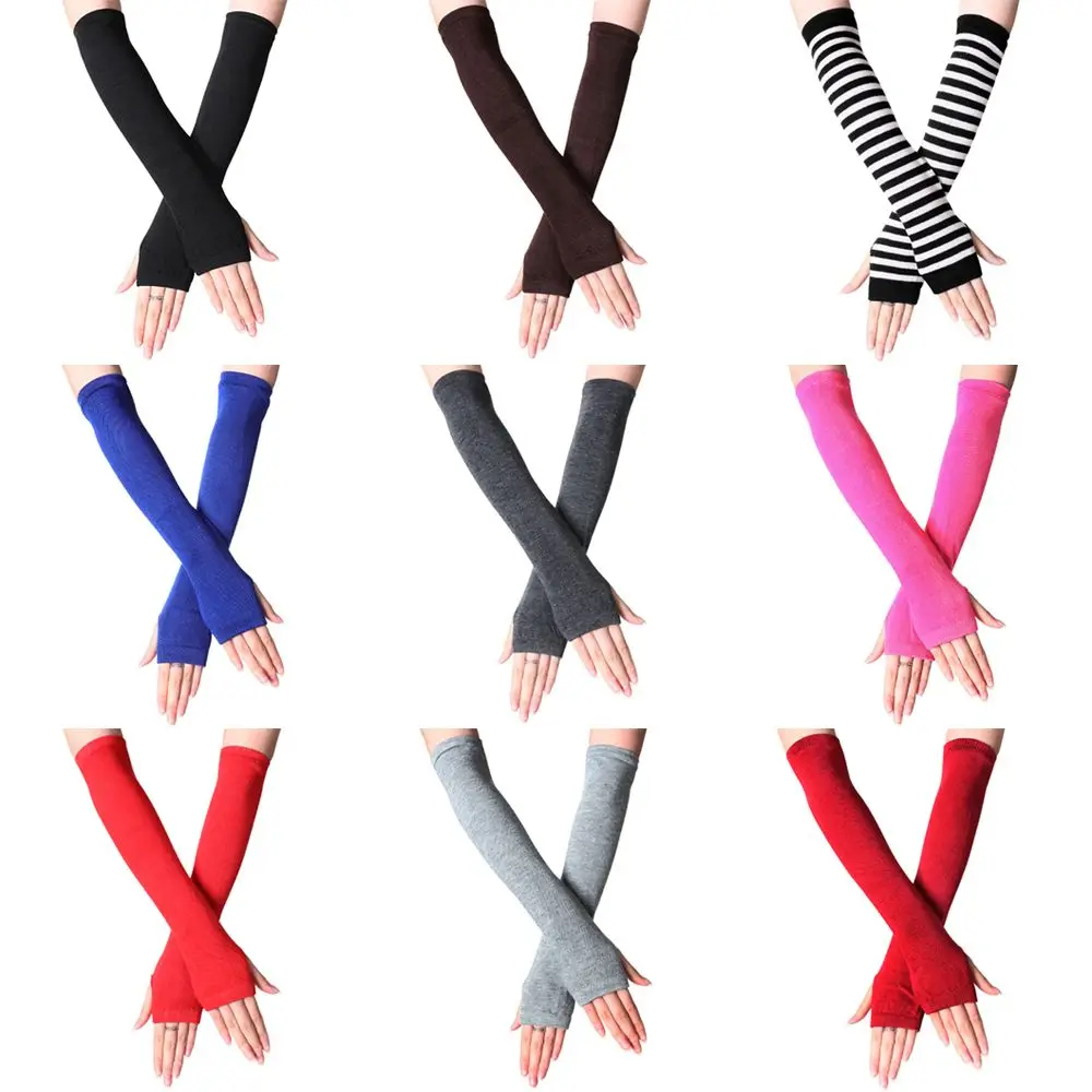 Women Girls Knitted Cotton Wristband Arm Warmer Elbow Mittens Fingerless Long Gloves Handschoenen