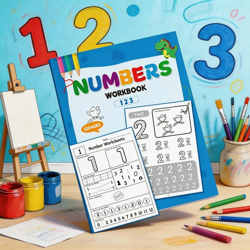 Number Workbook 0-12, 32 Pages, Pen Grip Training, Interactive Number Coloring Book, 7 Fun Game Book