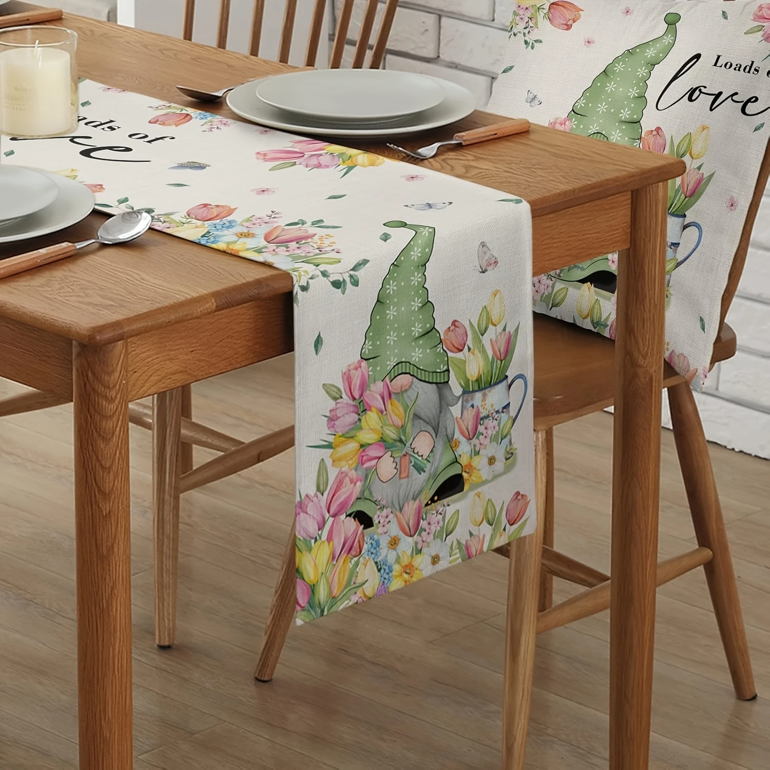 2026 Spring Gnome & Tulip Print Table Runner, Whimsical Floral Style Runner For Seasonal Decor And Parties