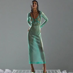New fashion and sexy sequin long sleeved dress, women's slim fit party dress, medium length dress
