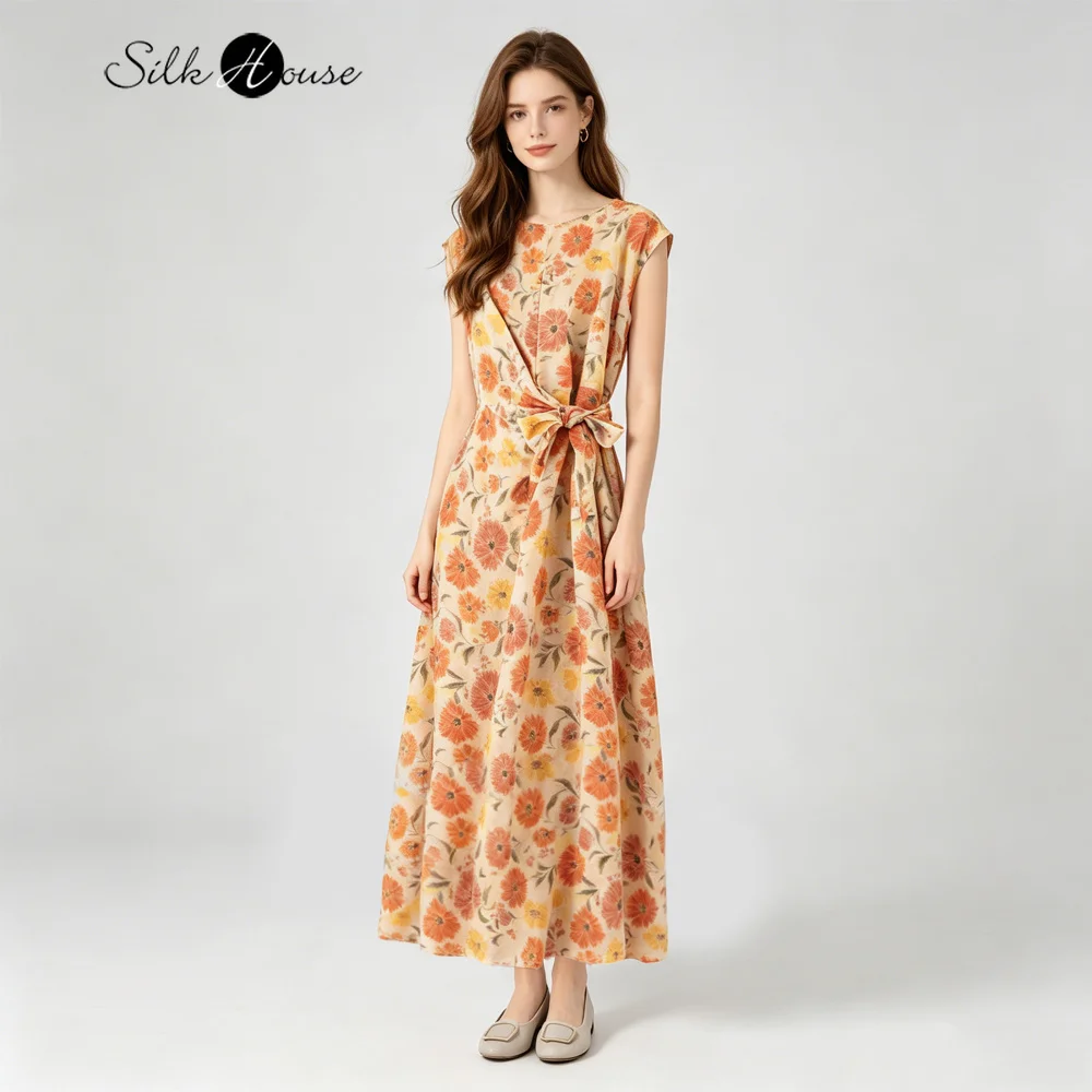 French Style 100% Natural Mulberry Silk Crepe De Chine One Neck Waist Cincher Design Sense Orange Pink Women's Printed Dress