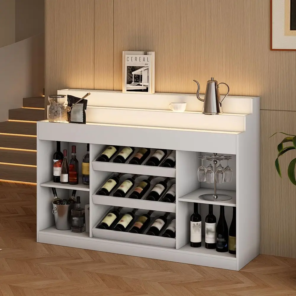 

Белый шкаф для винного бара 56,3 с 3-уровневой стеклянной полкой, 3-цветной подсветкой и винной полкой для кухни или столовой