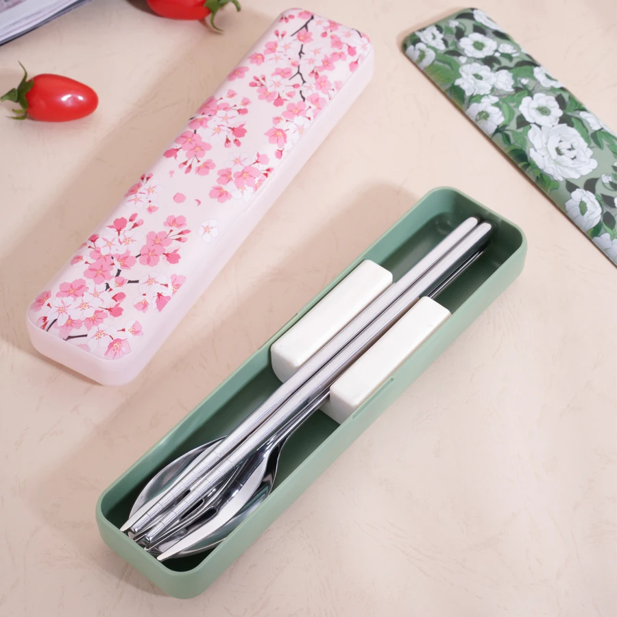 

Portable Cutlery Set Japanese Style 304 Stainless Steel Fork Spoon Chopsticks Set Magnetic Box With Cherry Pattern Dinnerware