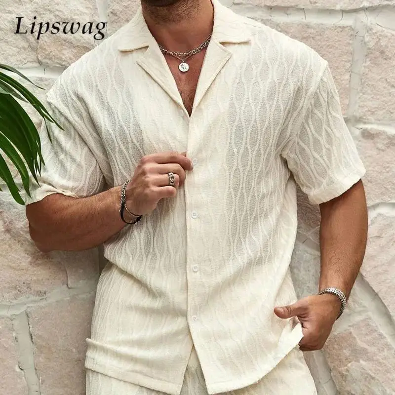 Stylish Mesh Lace See Through Shirts Men Vintage Turn-down Collar Buttoned Shirt 2024 Summer Casual Short Sleeve Mesh Cardigans