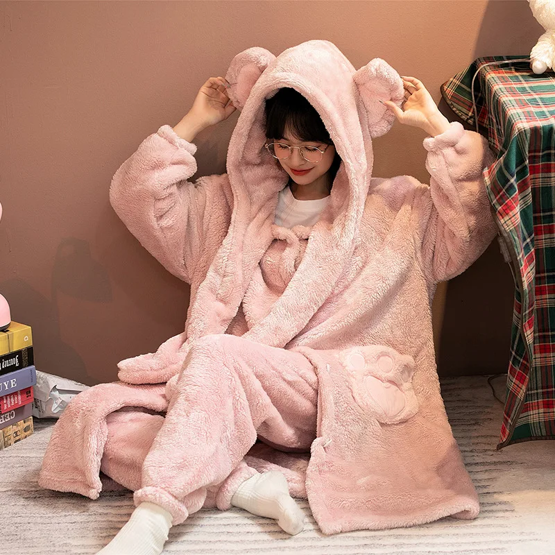 

Women Coral Velvet Hooded Nightgown Pink Sweet Winter Warm Robe Sleep Bottoms Two-Piece Intimate Lingerie Nightwear Home Clothes