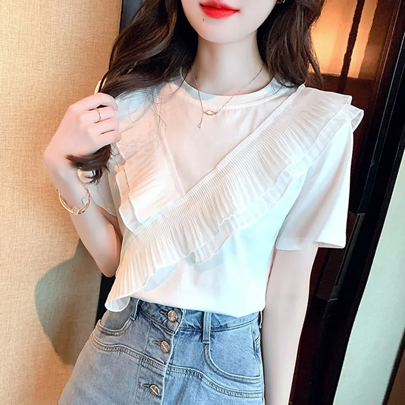 New Chiffon Cotton Women\'s Shirts Sweet Short Sleeve Women Blouse Ruffles Summer White Woman Tops Bottoming Office Lady Clothes