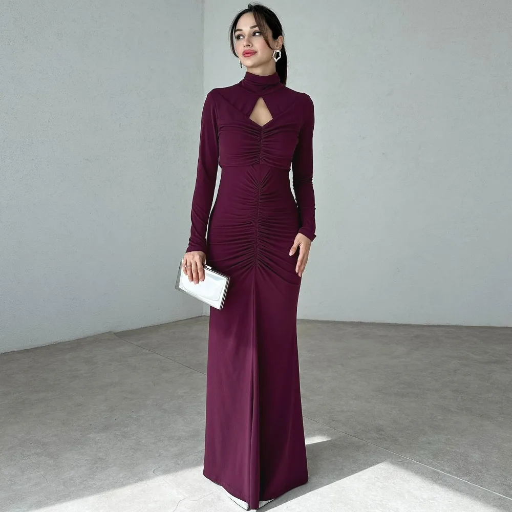 

Sexy Hollow Out Dress for Women Fashion Ruched Long Sleeve Slim Maxi Dresses Autumn Winter Backless Evening Party Dress 2024