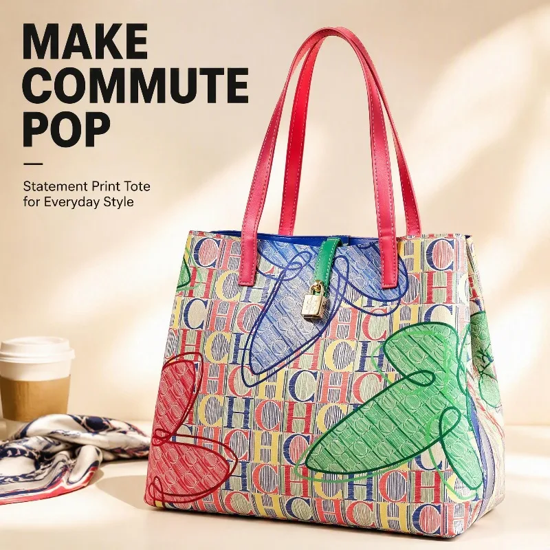 CHHC Women Colorful Art Graffiti Tote Bag Faux Leather Metal Lock Ornament Large Capacity Top Handle Shoulder Purse