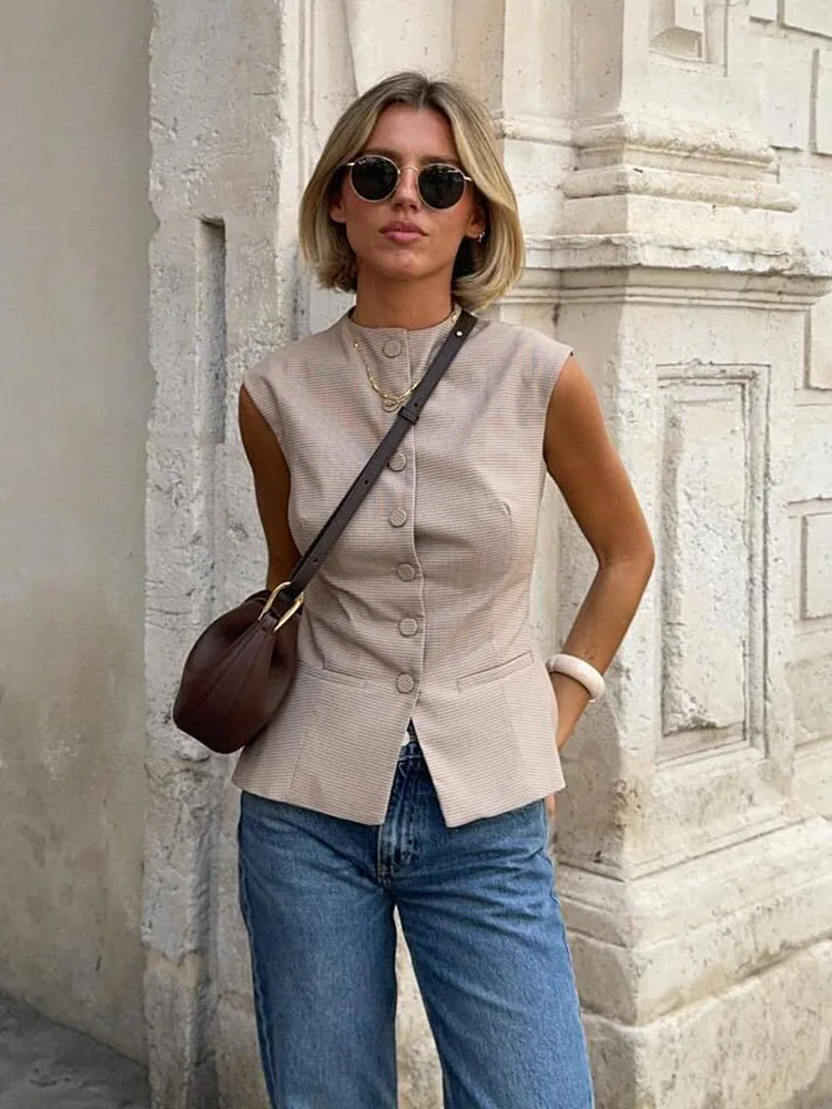 Vintage Woman Sleeveless Pocket Vest Loose Female Single Breasted Streetwears Elegant Office Party ladies Tops girls Outwear