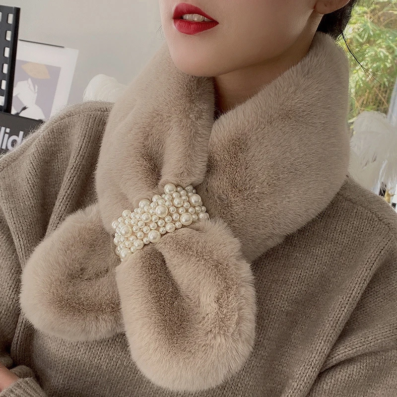 Winter Warm Thicken Cross Scarf Elegant Pearl Scarf Solid Color Shawl Scarf For Women Girls Versatile Fashion Soft Scarf Gifts