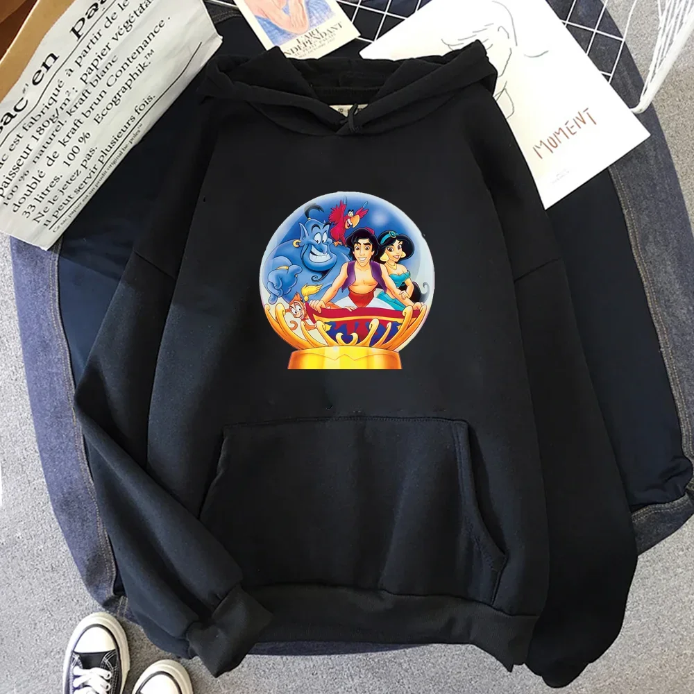 Harajuku Kawaii Disney Cartoon Hoodie The Wonders of Aladdin Print Unisex Black Hoodies Autumn Casual O-Neck Pullover Sweatshirt