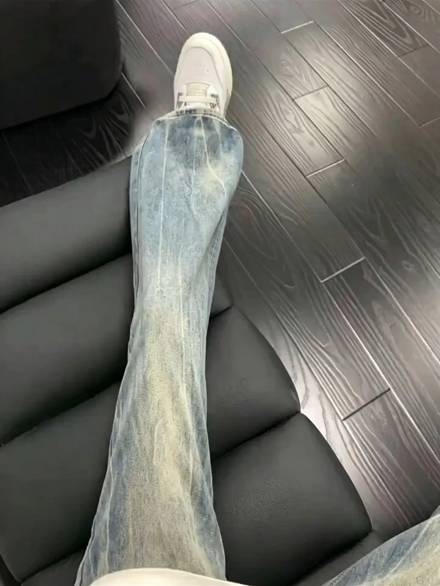 Blue Lightning Pattern Jeans Men's Slim Flare  Whisker Jeans American High Street Style Straight Leg Jeans Youth Fashion