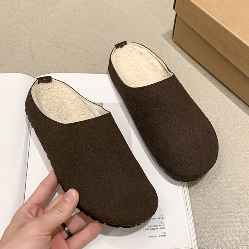 

Женские туфли-лодочки на плоской подошве, пушистые тапочки, домашняя короткая плюшевая обувь, женские сандалии, зима 2025 г., повседневные шлепанцы с открытой пяткой, Mujer Shoes
