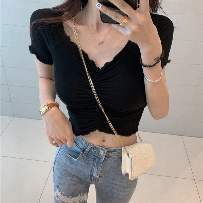 Biyaby Cropped Knitted T-Shirt Women Summer 2024 New Solid Color V Neck Tops Woman Korean Style Slim Fit Short Sleeve T Shirt