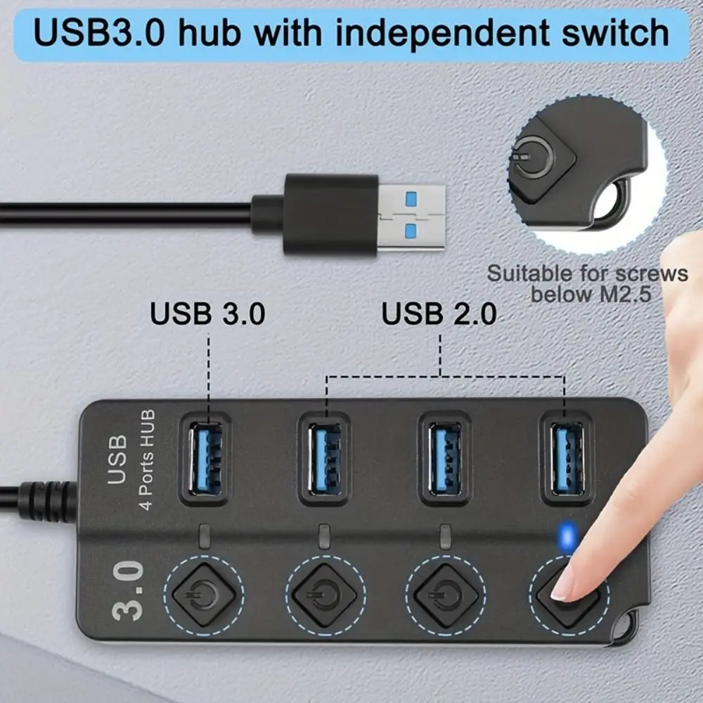 4 Port USB 3.0 Hub 5Gbps High Speed Power Adapter Multi USB Splitter Long Cable With Switch Multiple Expander Hub For Laptops