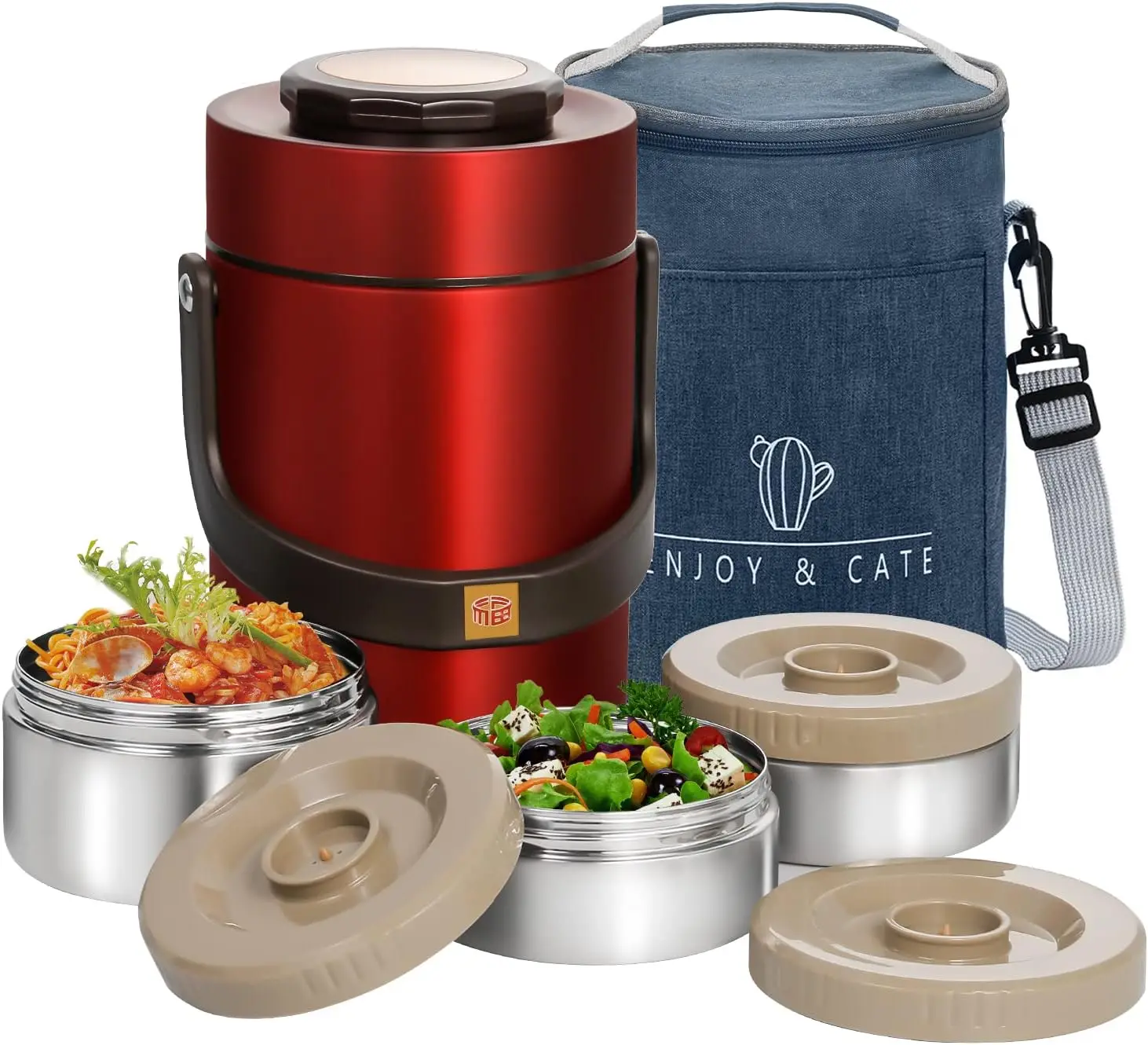 

Термос для горячей еды на 67 унций, 3-слойный герметичный штабелируемый термос для еды, с сумкой для обеда и термосом для супа, подходит для ежедневных офисных обедов