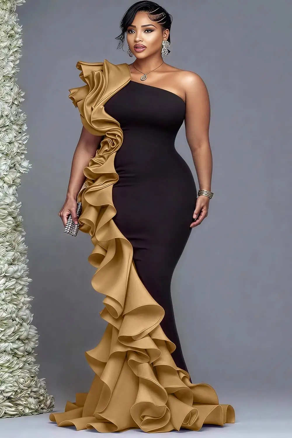 بالإضافة إلى حجم اللون الأحمر الرسمي كتف واحد كشكش فساتين ماكسي Bodycon أنيقة #5