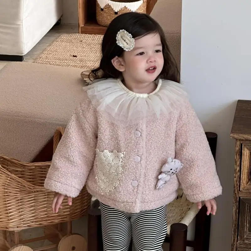 

2025 Winter New Baby Girl Plush Coat Plus Velvet Thick Infant Warm Cardigan Toddler Padded Jacket Girls Sweet Princess Coat