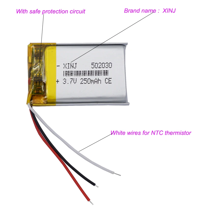 بطارية بديلة من بوليمر Li-po قابلة لإعادة الشحن ، ثيرمستور NTC ، 3 أسلاك لكاميرا GPS ، قابس 3Pin ، أو ، أو V ، أو V ، 0.925Wh