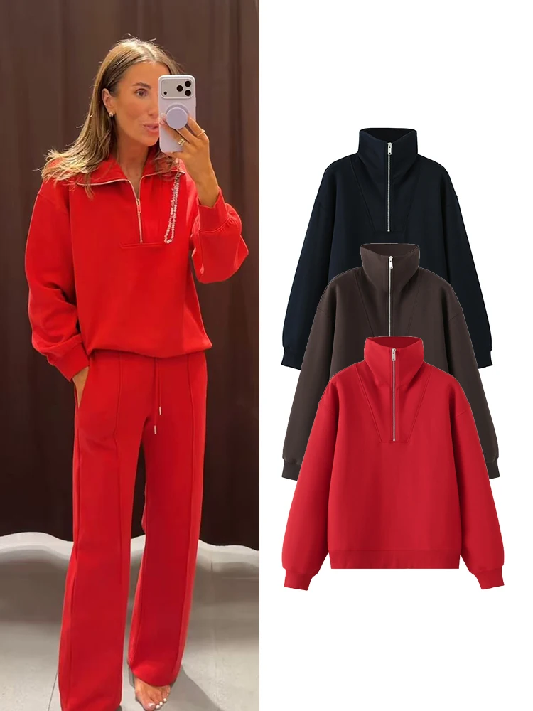 TFMLN Women's Sweatshirt Long-Sleeve Stand Collar 2026 Spring Autumn Casual Fashion Trendy Classic Half Zipper Street Top
