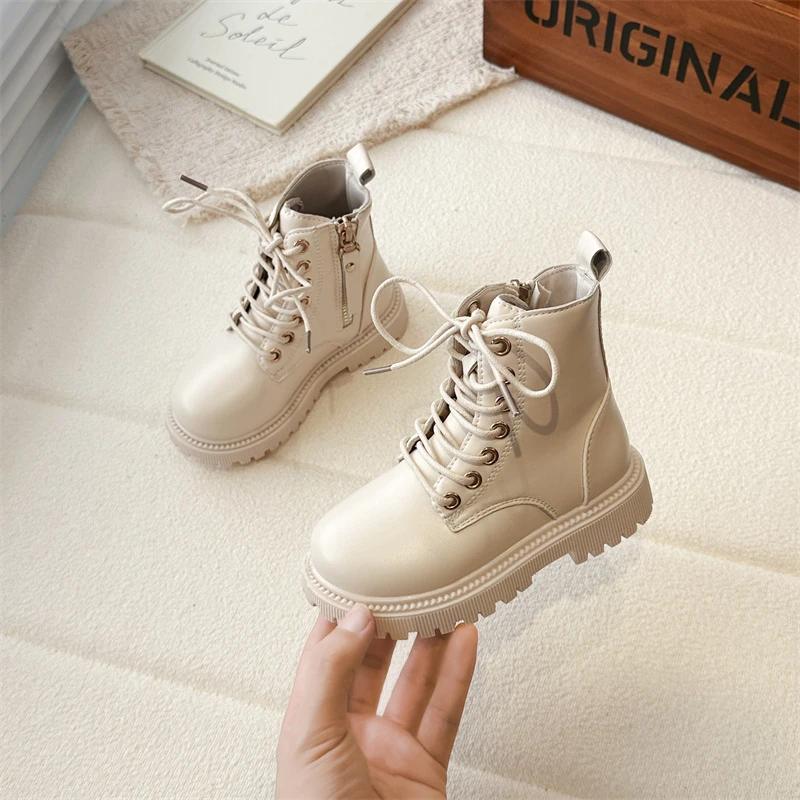 

Spring Autumn Girls Platform Boots Black Beige Classic Kids Fashion Ankle Boots Causal School Simple Children Leather Boots New