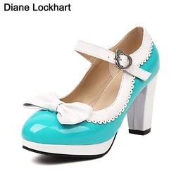 Sweet Mary Jane High Heels Women's Bow Pumps Patent Leather Woman Thick Platform Lolita Women Party Shoes Buckle Shallow Shoes