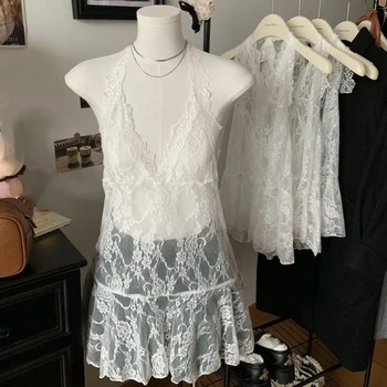 Mode Transparente Spitze Neckholder Kleid V-ausschnitt Beachwear Spitze-up Kurze Röcke A-linie Spicy Girl Stil Kleider Frauen Club