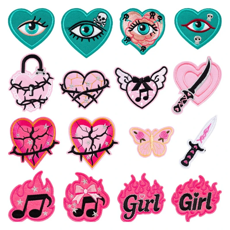 New Hot Selling Gothic Pink Green Eye Heart Pattern Embroidered Patch Badge Gift DIY Clothing T-shirt Hat Bag Coats Accessories