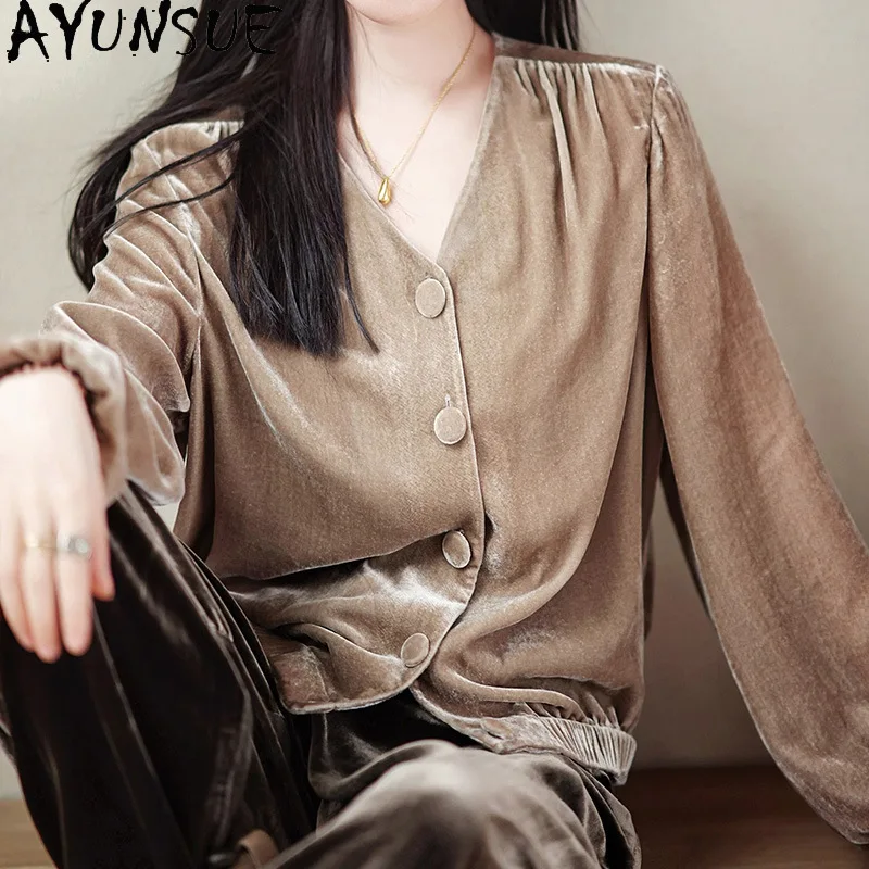 AYUNSUE Silk Velvet Women's Blouses and Shirts Luxury Lantern Long Sleeve Tops for Woman V-neck Spring Woman Clothes Рубашка