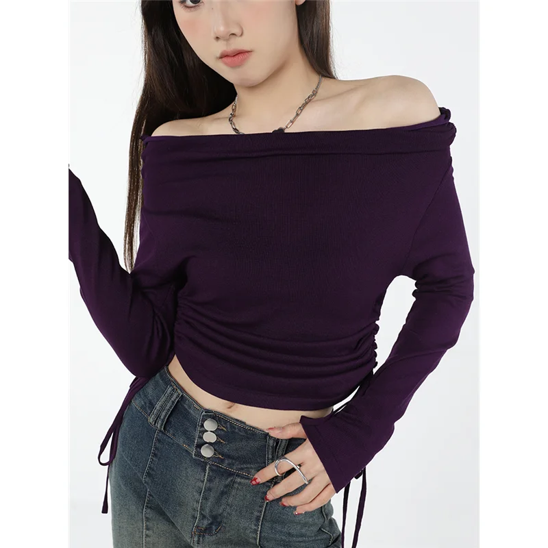 Women Purple Drawstring Knitting Shirt Short Straight Collar Vintage American Fashion Female Long Sleeves Casual Spring Pullover