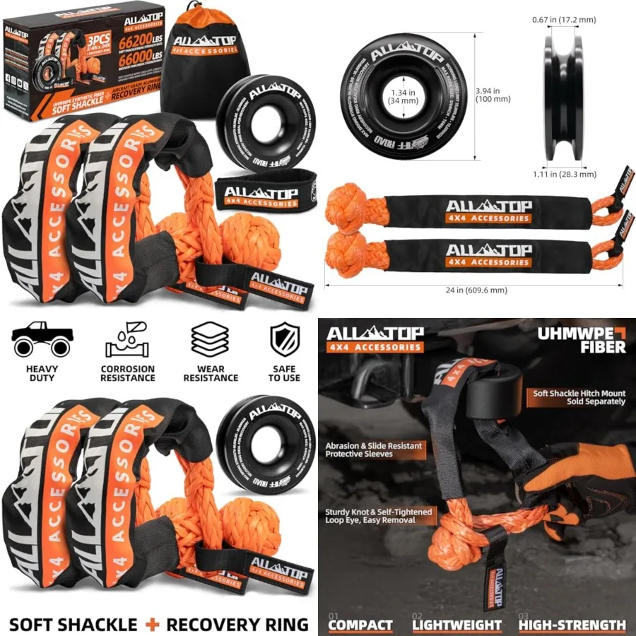 

Synthetic Soft Shackle Recovery Ring Kit 2PCS 3/4in x 24in - 66200LBS Shackles + 1 Snatch Pulley Ring for Winch Tackle Pulley S