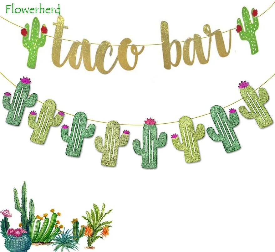 2 Set Fiesta Taco Bar Cactus Banner Ghirlanda Oro Verde Glittery Fiesta Banner per la festa messicana Fiesta Cinco De Mayo Decorazioni