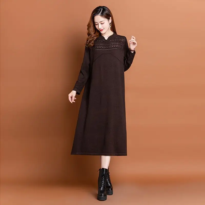 Robe Cheongsam à col montant pour femmes, robes pull longues, motif imprimé, mince, surdimensionné, femme, nouvelle mode, automne, hiver, 107, 2023