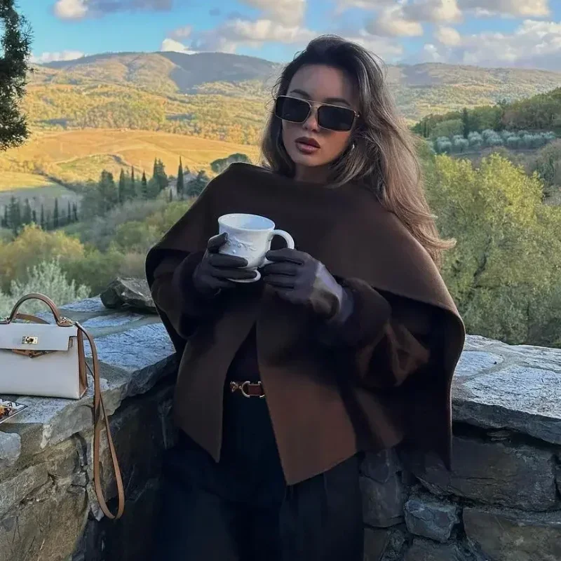 

Stylish Chic Scarf Style Woolen Jacket Women's Autumn Winter Warm Wear Solid Color Outerwears Shawl Loose Sophisticated Jackets