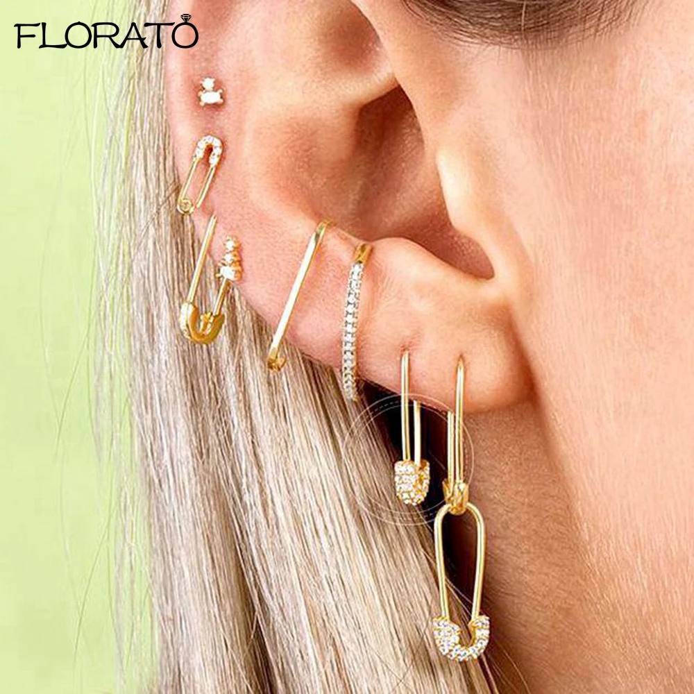 New Arrived Tiny Cute Gothic Gold Color Cz Paved Safety Pin Long Stud Earrings Ear Threader Fashion Jewelry Exquisite Earrings