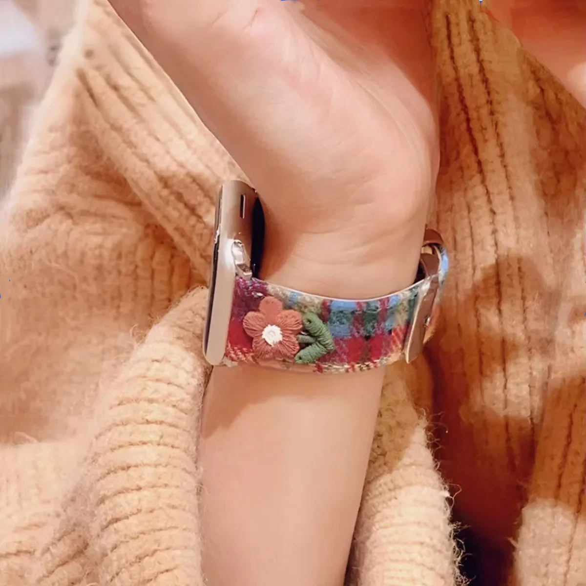 애플 워치 밴드용 컬러풀 격자 무늬 모직 PU 가죽 스트랩, 아이워치 49 울트라 9 8 7 se 6 5 4 3 용 41/45 40/44 팔찌, S10 42mm, 46mm