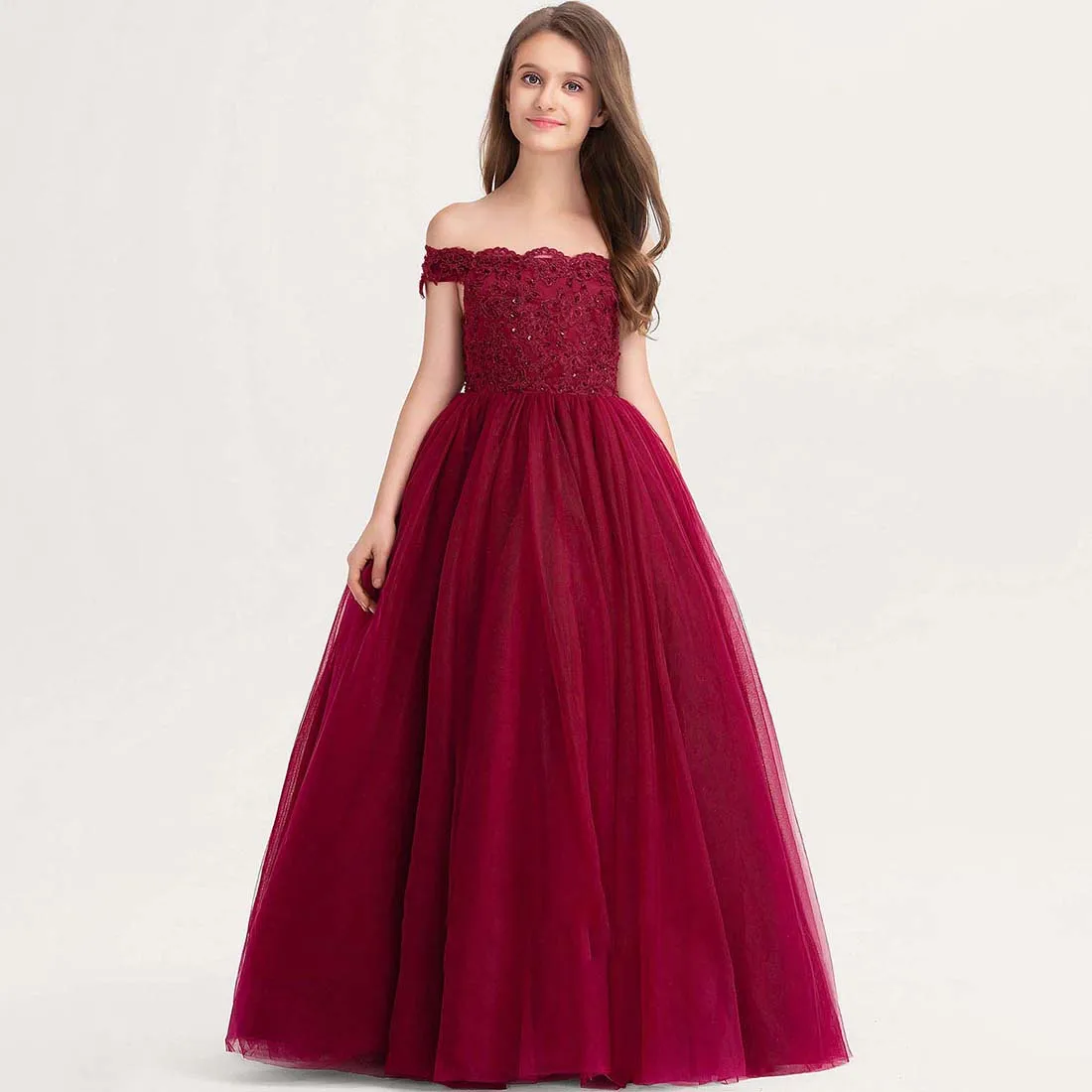 

YZYmanualroom Lace Tulle Junior Bridesmaid Dress With Beading Sequins Ball-Gown Princess Off the Shoulder Floor-Length 2-15T