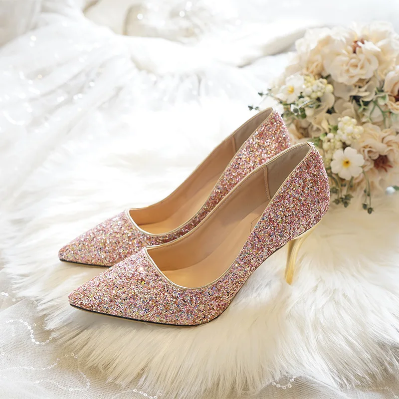 

Bride Wedding Shoes Pink Frosted Sequin Cloth Bridesmaid Dress Pumps Stiletto High Heels Pointed Toe Slip-on Large Size 31-43