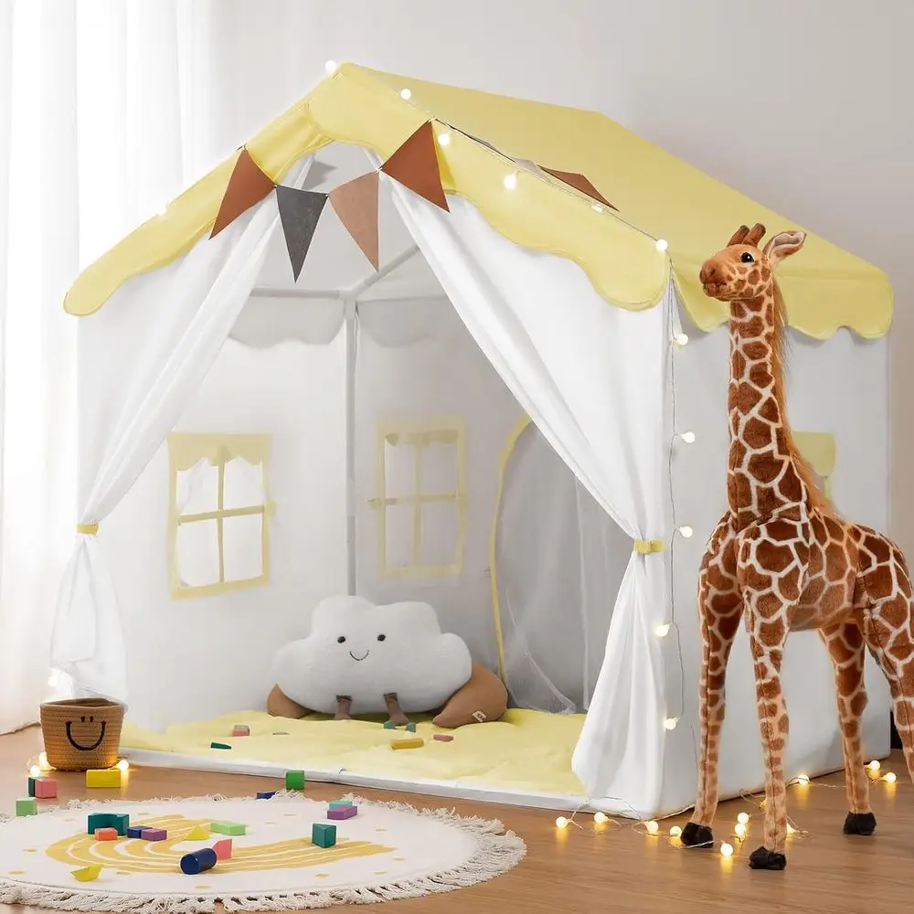 Tenda da gioco per bambini 2 in 1 con tappetino imbottito e luci, casetta da gioco per bambini grande con 2 ante e 4 finestre, per interni ed esterni, gialla