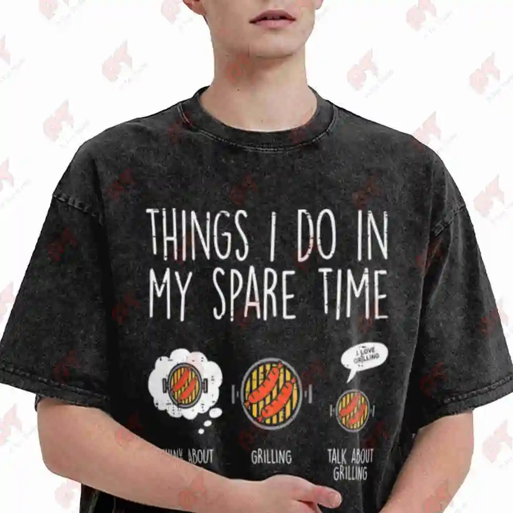 Things I Do In My Spare Time Grilling Funny BBQ Barbecue Vintage Washed Tee Pure Cotton T-Shirt