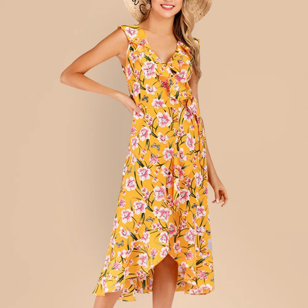 phantasy Bohemia Floral Dress women V neck vacation sundress slim yellow summer casual sleeveless streetwear female gown