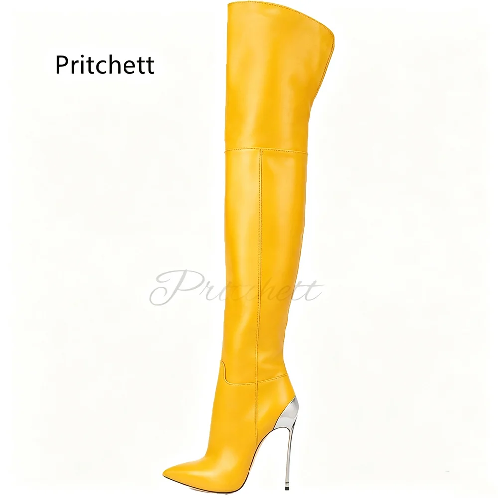 Metallic Stiletto Over The Knee Boots for Women Pointed Toe Bright Yellow Leather High Heel Thigh High Long Boots Party Shoes