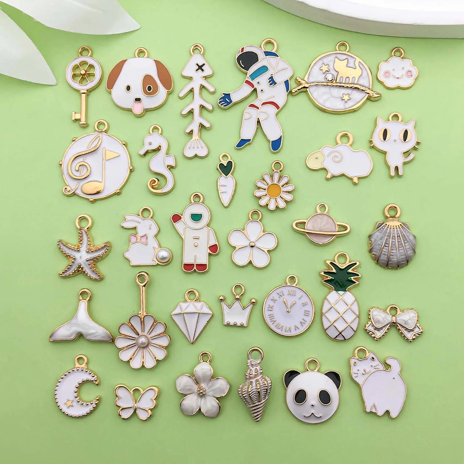 5/30pcs White Enamel Charms Alloy Butterflies, Marine Life, Flowers, Fruits, Animal Pendants for DIY Jewelry Making Accessories