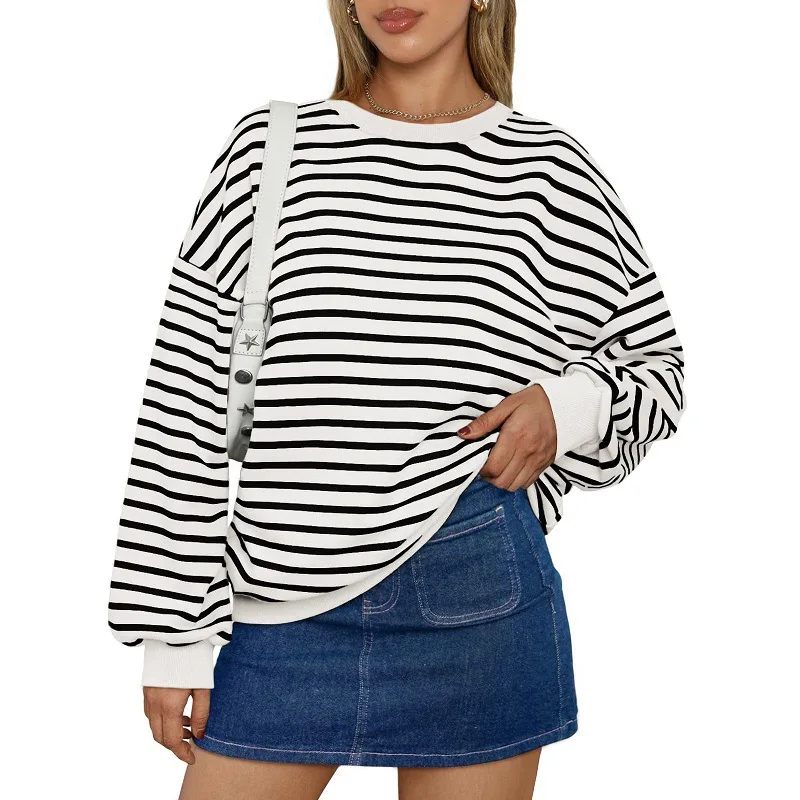 Sweatshirts Women Print Striped Tops Round Neck Full Sleeve Casual Loose Regular Top Splice Simple Sweatshirt Autumn 2024